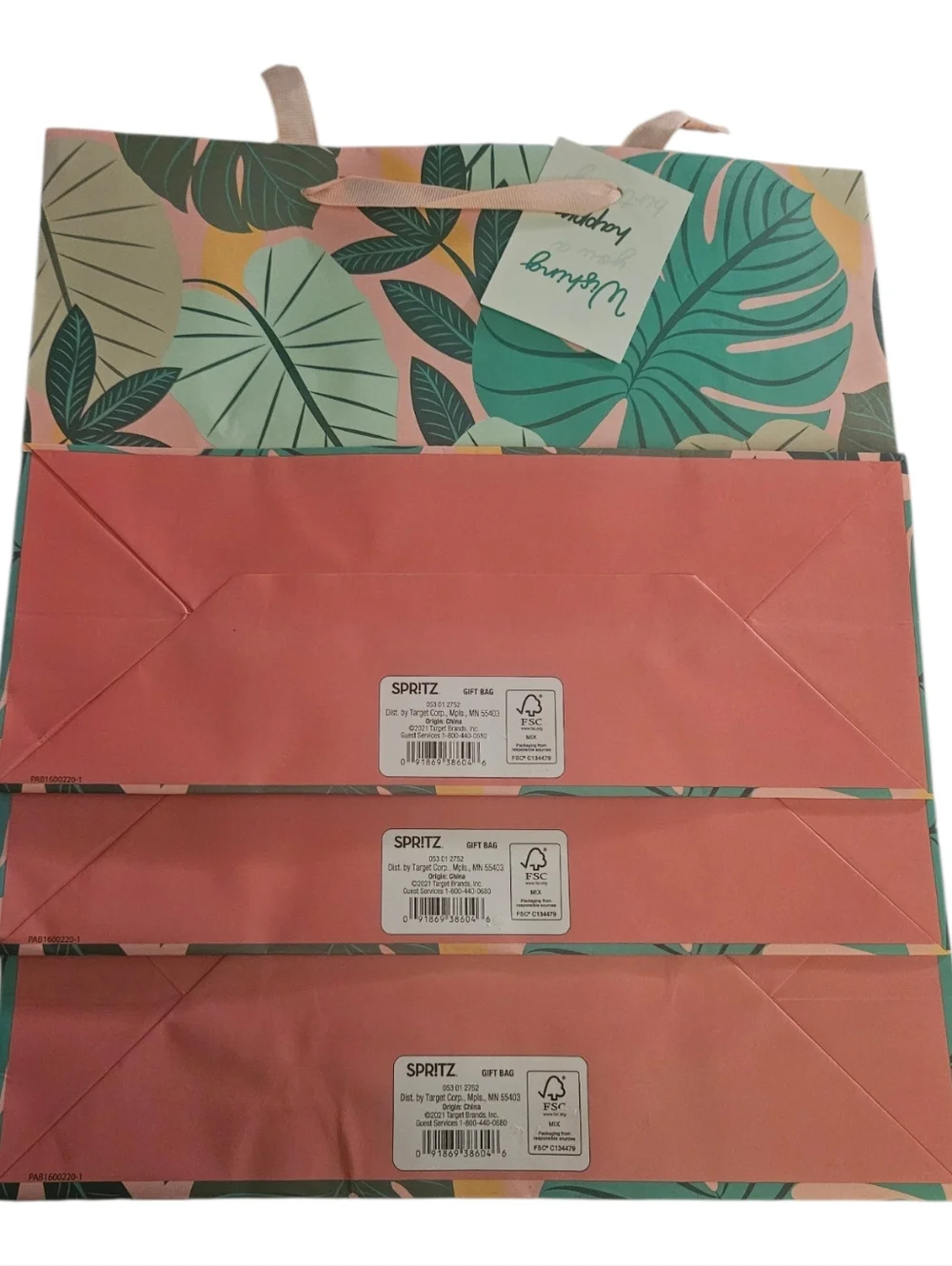 Lot Of 3 Spritz Jungle Leaves Medium Size Gift Bags Wishing You A Happy Birthday
